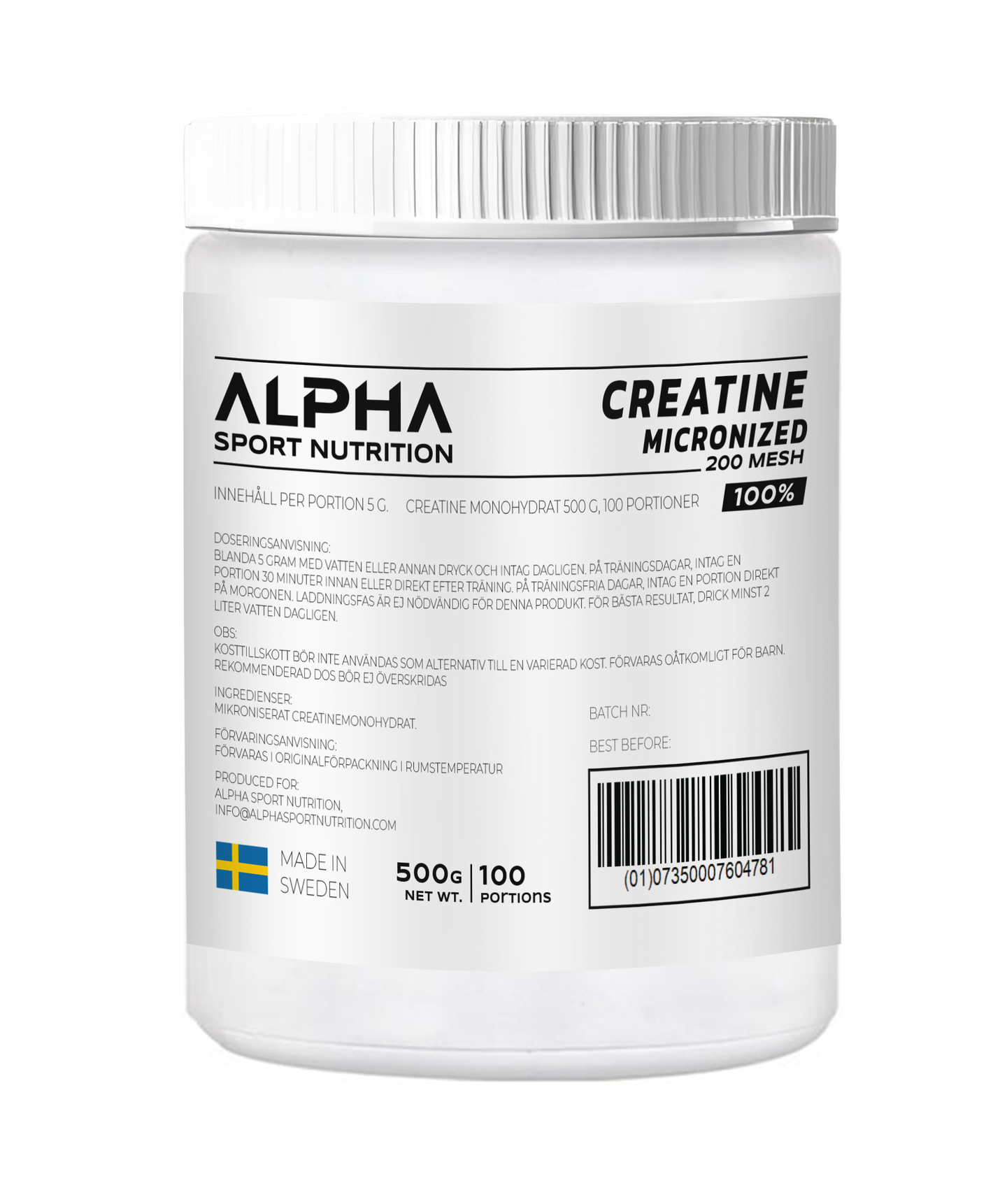 Alpha Sport Nutrition 100 % Creatine Monohydrate  - Mikroniserat 200 Mesh - Lättlösligt och Ultrarent