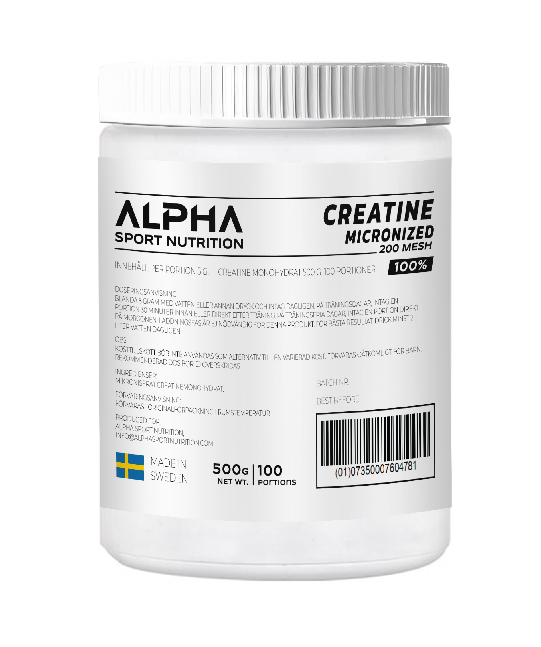 Alpha Sport Nutrition 100 % Creatine Monohydrate  - Mikroniserat 200 Mesh - Lättlösligt och Ultrarent