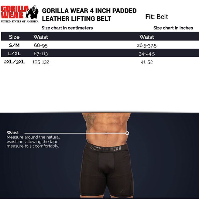 Gorilla Wear Gear 4 Inch Vadderat Lyftarbälte Läder Svart
