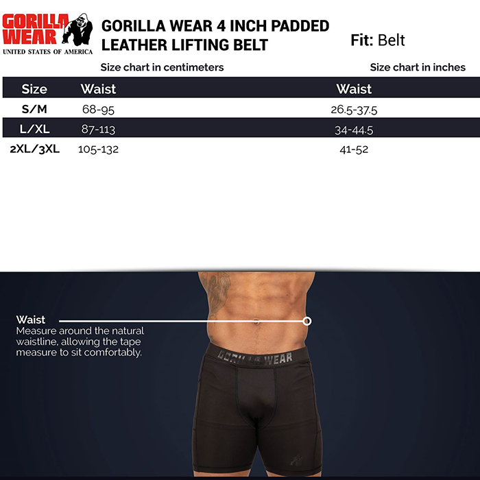 Gorilla Wear Gear 4 Inch Vadderat Lyftarbälte Läder Svart