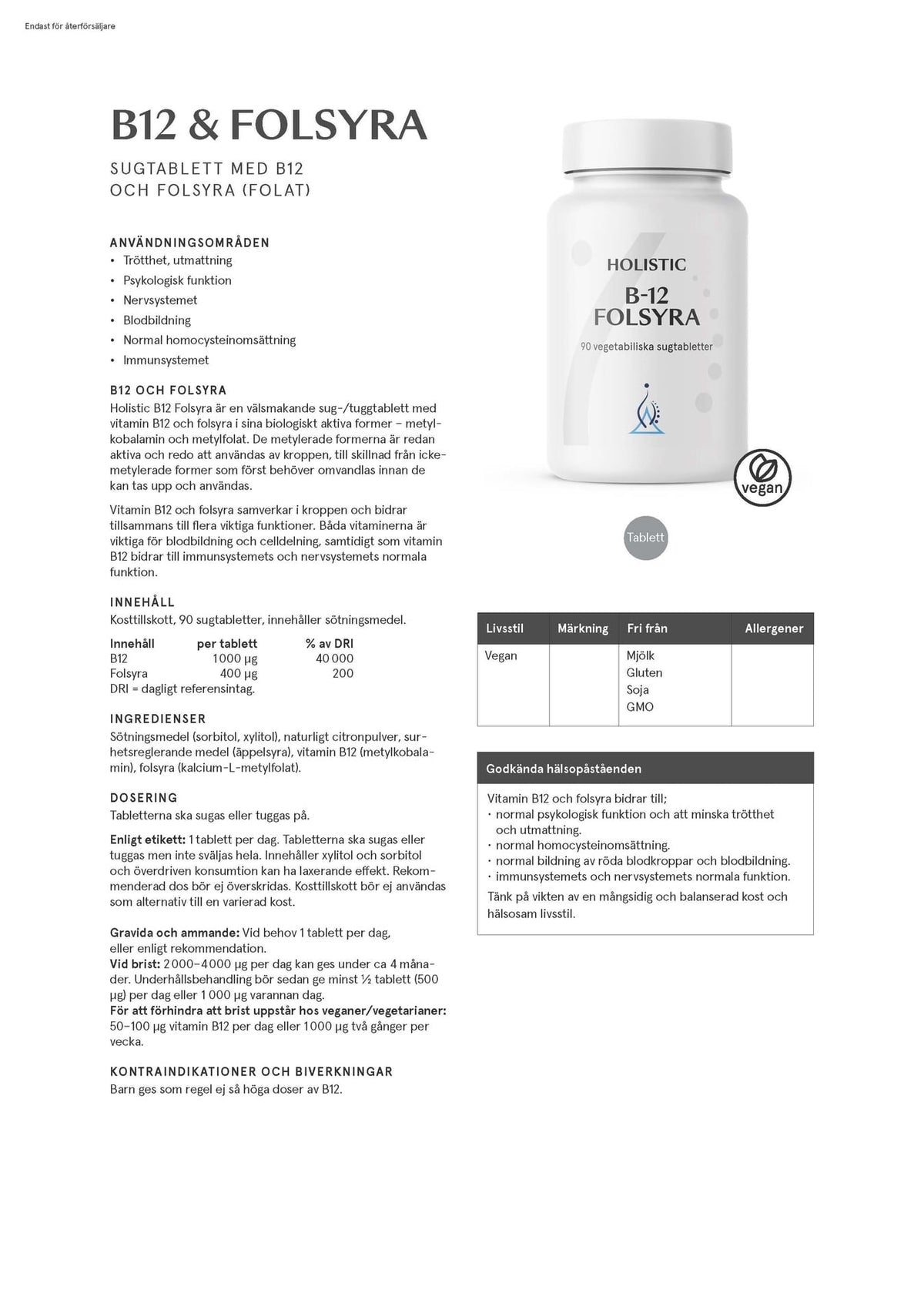 Holistic B12 & Folsyra, 90 sugtabletter