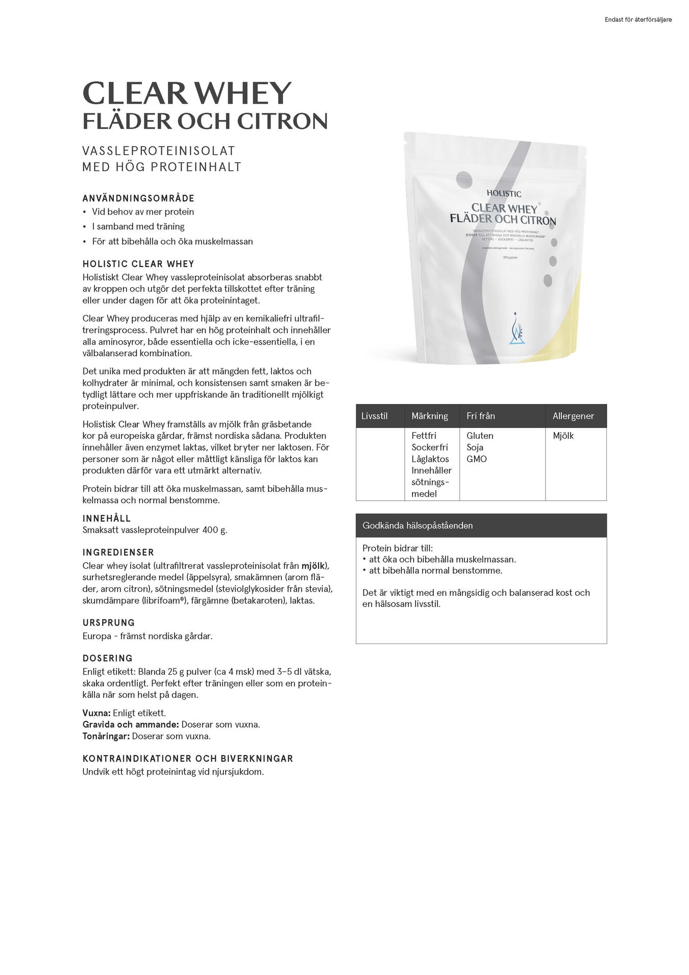 Holistic Clear Whey vassleproteinisolat, 400g fläder och citron