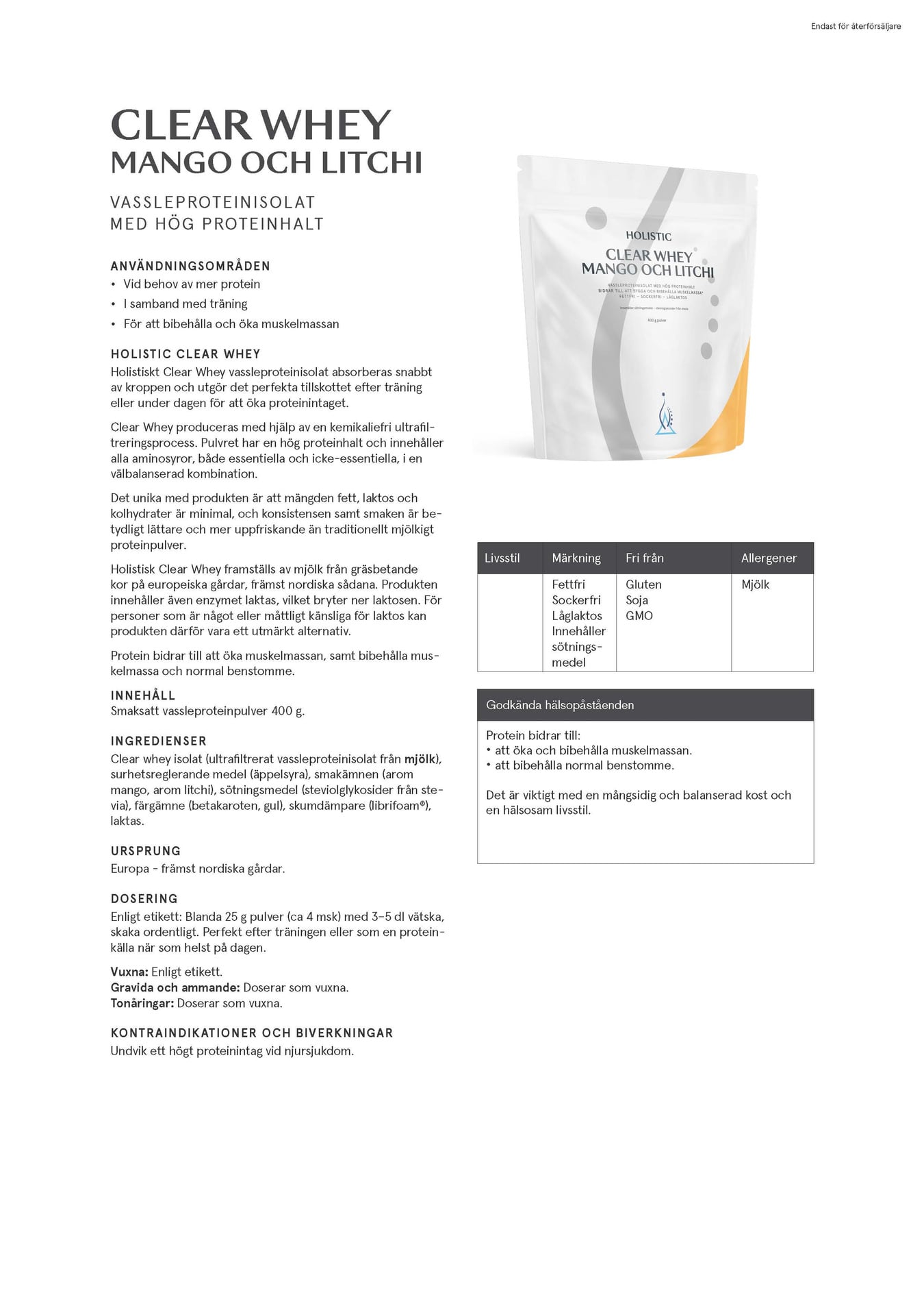 Holistic Clear Whey vassleproteinisolat, 400g mango och litchi