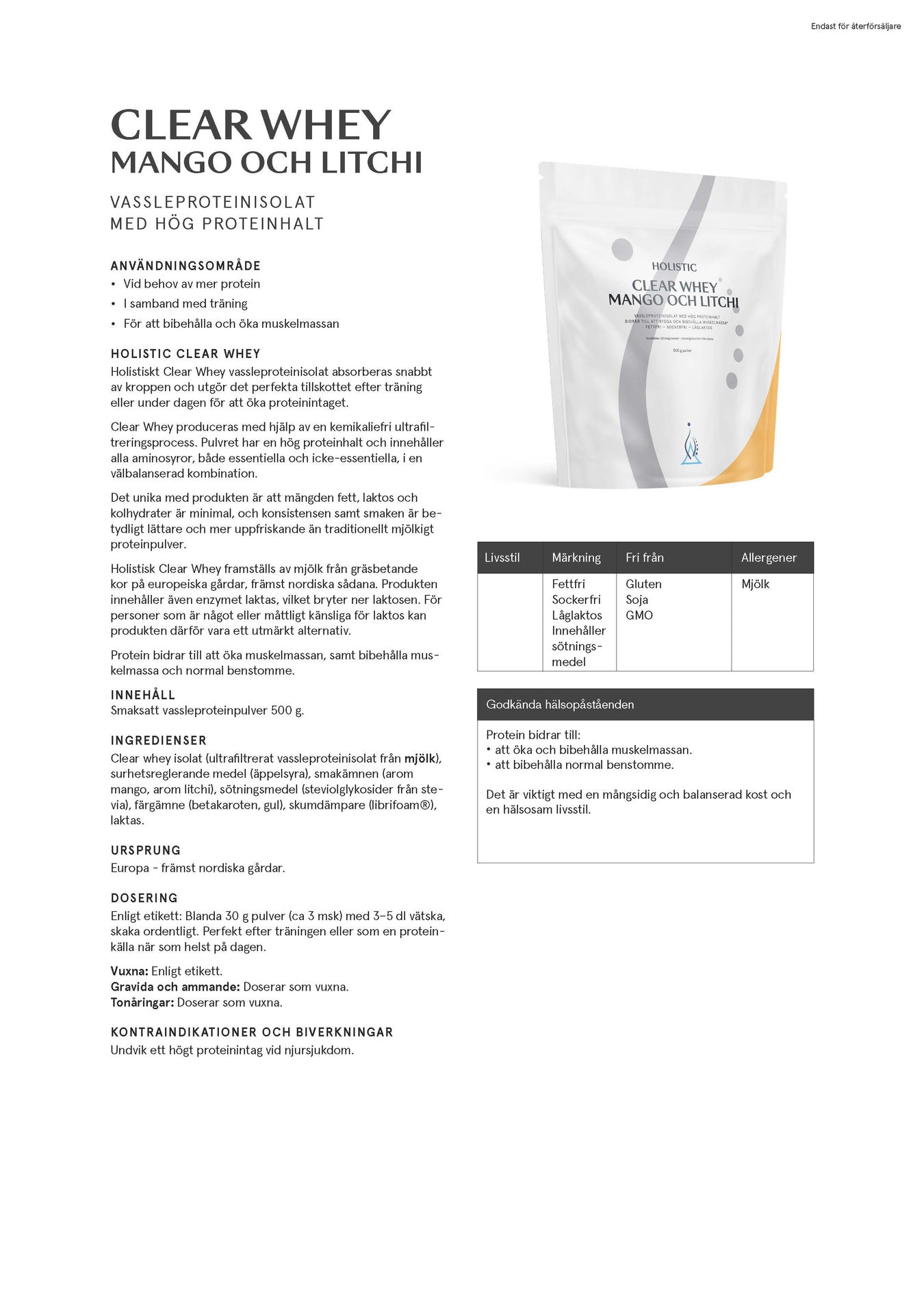 Holistic Clear Whey vassleproteinisolat, 400g mango och litchi