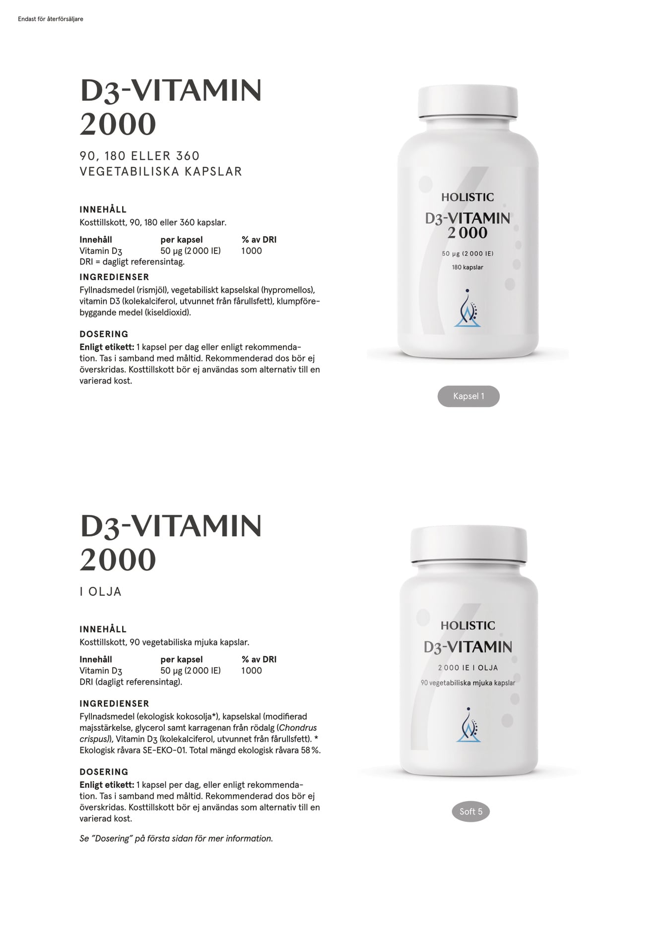 Holistic D3-vitamin 2000, 180 kapslar