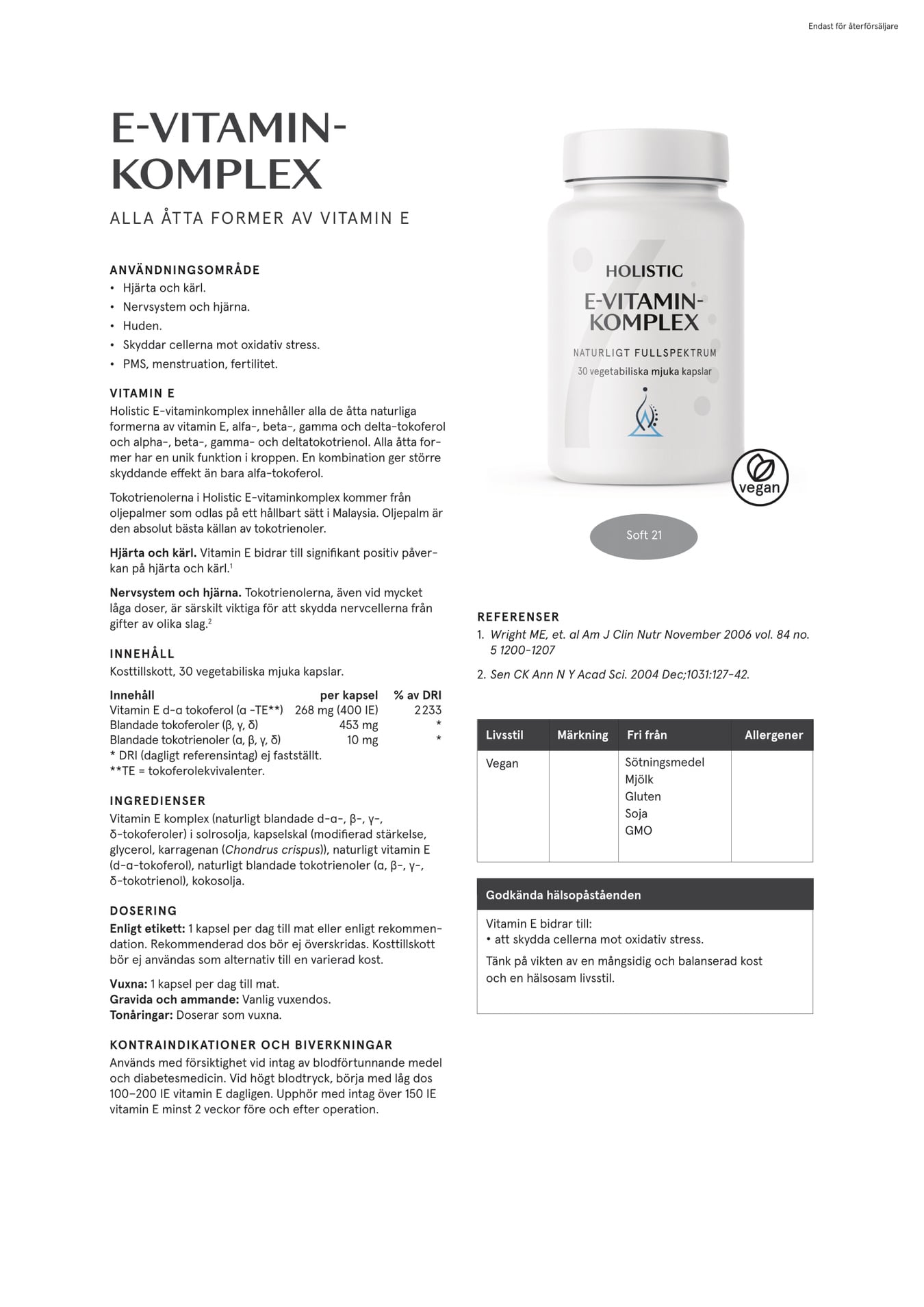 Holistic E-vitaminkomplex, 30 kapslar