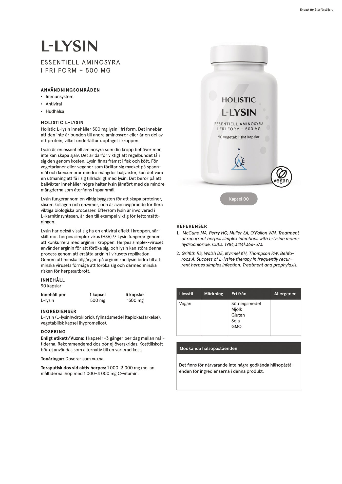 Holistic L-lysin 500 mg, 90 kapslar