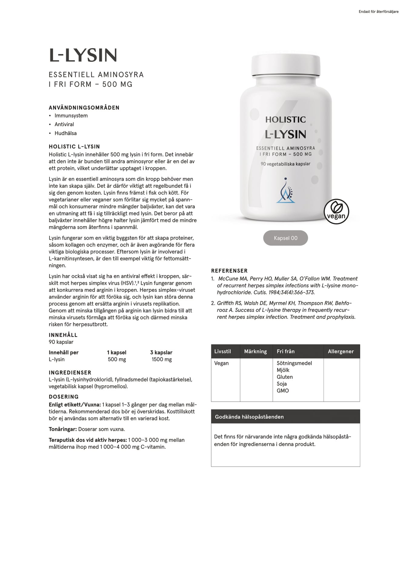 Holistic L-lysin 500 mg, 90 kapslar