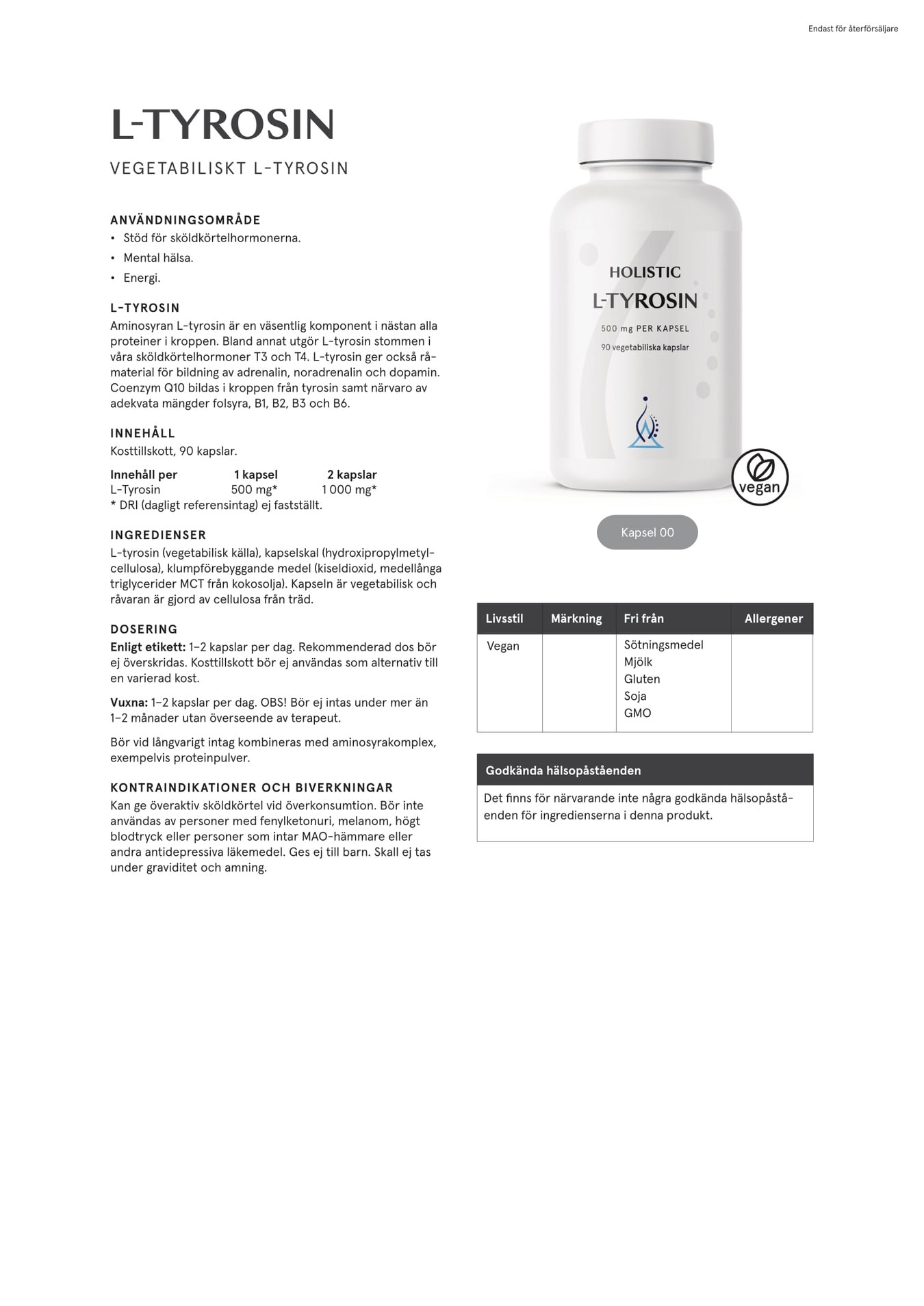 Holistic L-tyrosin, 90 kapslar
