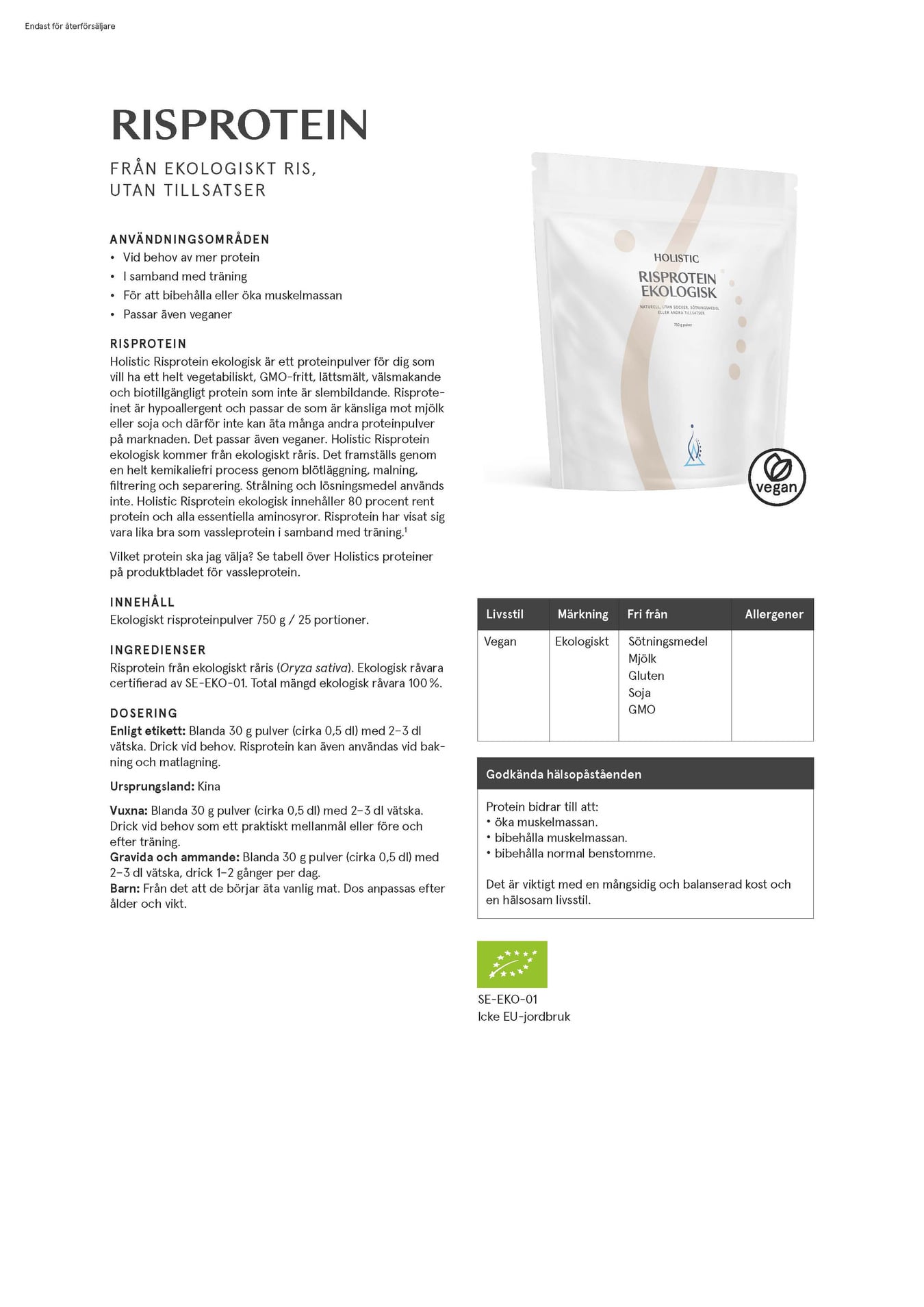 Holistic Risprotein ekologisk, 750 g