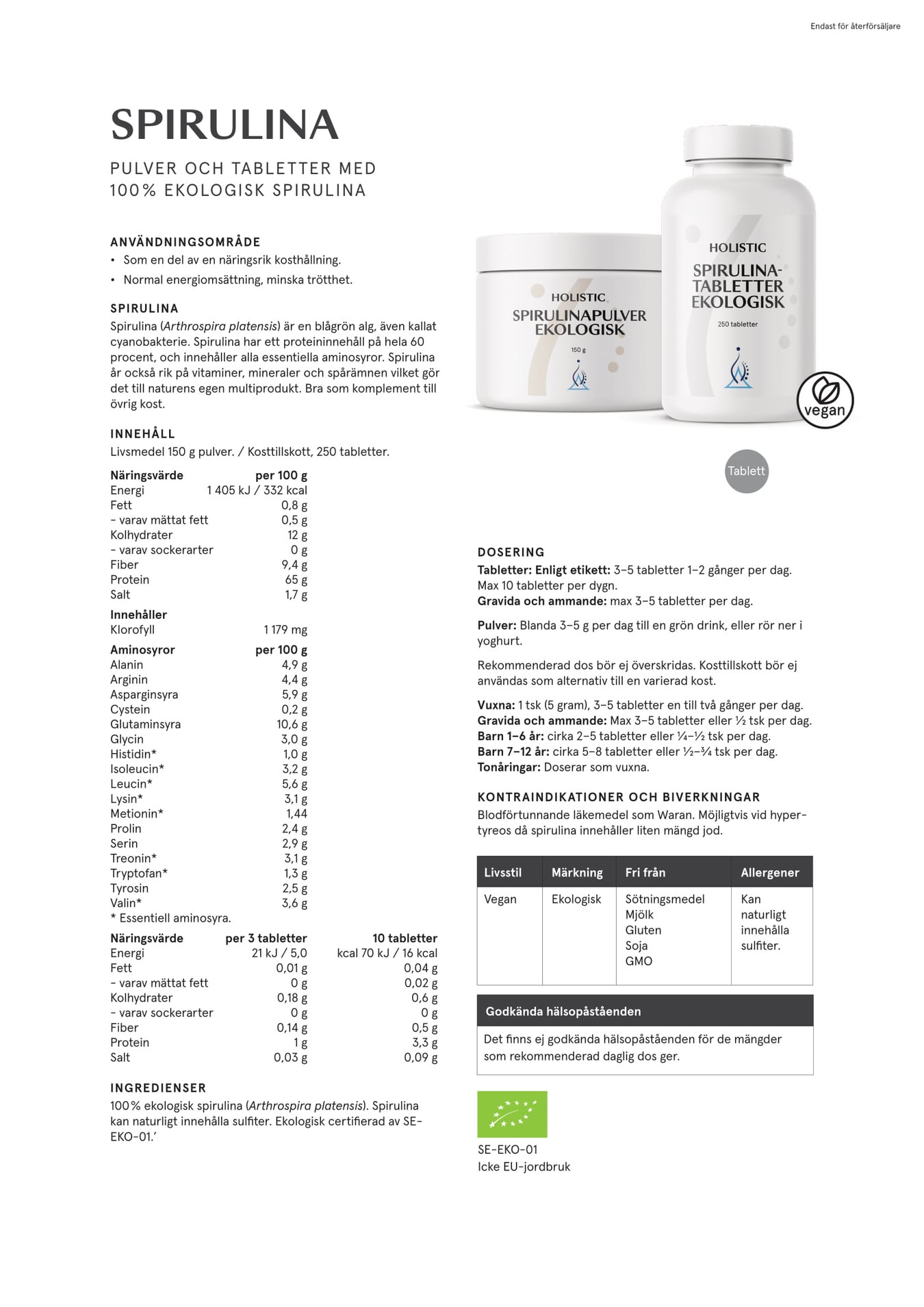 Holistic Spirulina ekologisk, 250 tabletter