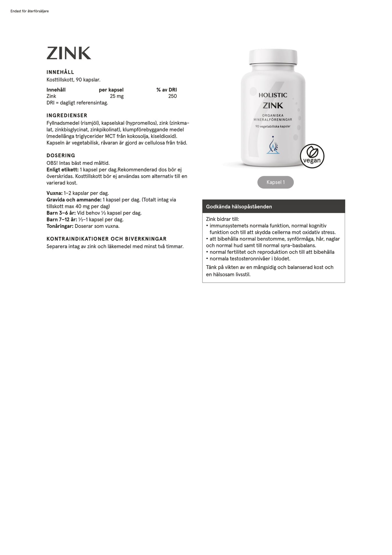 Holistic Zink 25 mg, 90 kapslar