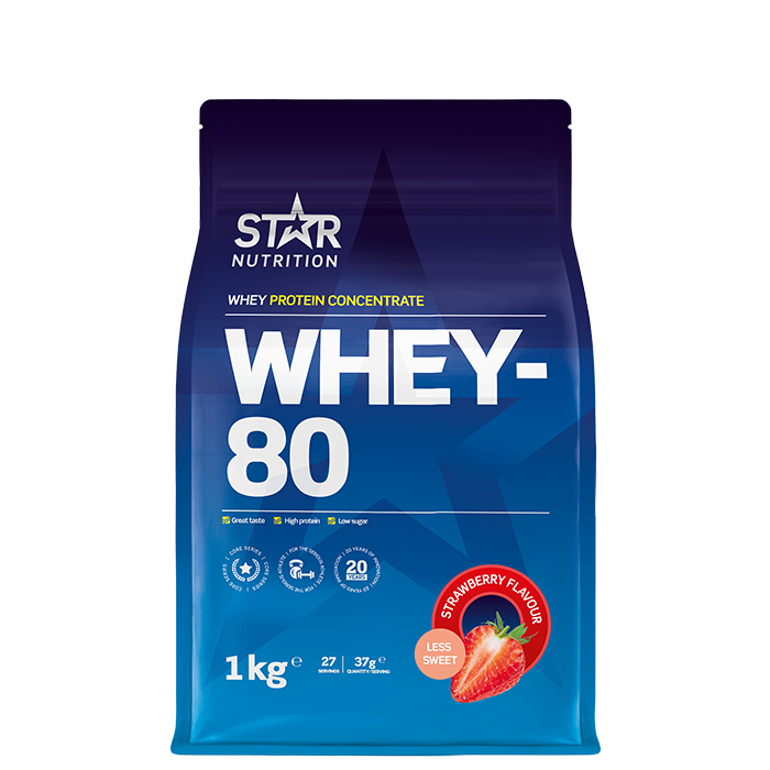 Star Nutrition Whey-80 Vassleprotein 1 kg Jordgubb Less Sweet (NEW)